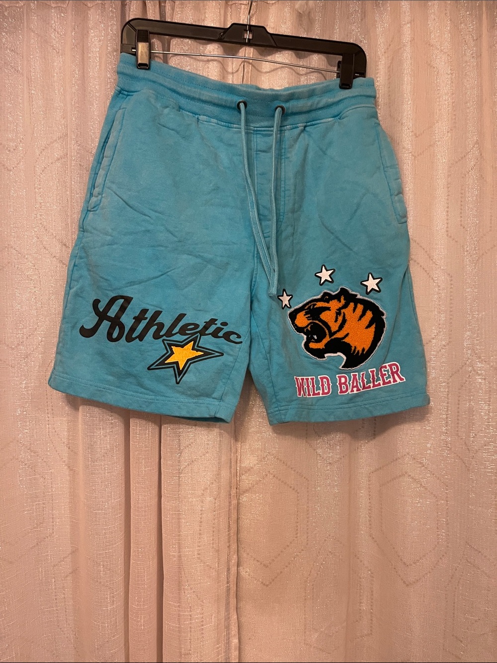 Men’s Athletic Wild Baller Light Blue Acid Washed Chenille Drawstring Shorts
